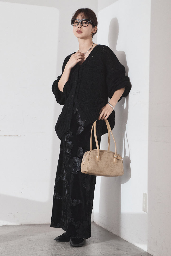 [SET]コード刺繍リラックスニットカーディガン+フラワー刺繍ワイドスカート(2set)