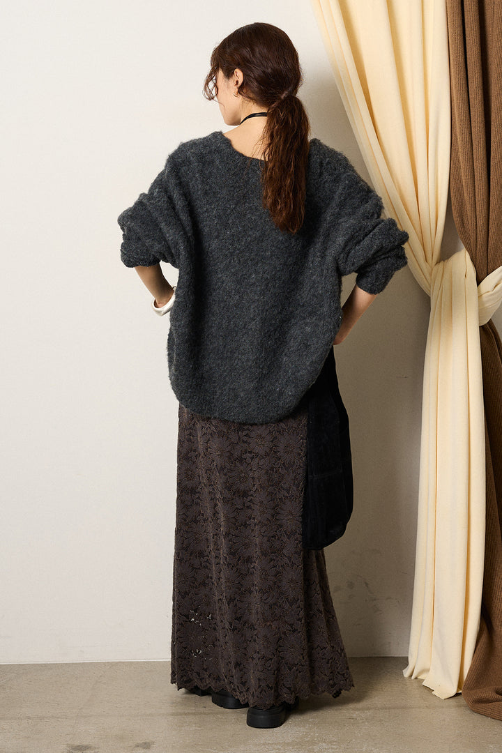 [SET]ウール混透かしロゴニットカーディガン+花柄刺繍ベロアフレアスカート(2set)