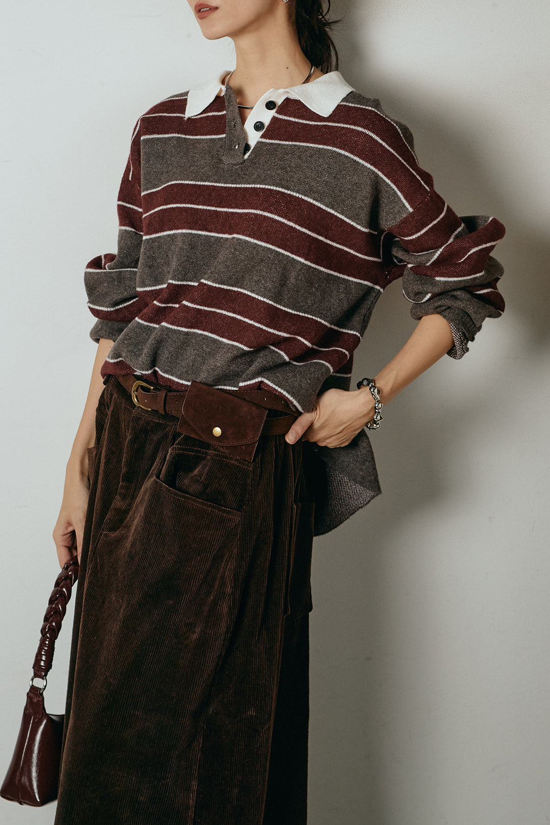 [SET]ラガーニットボーダーポロプルオーバー+ポーチベルト付きコーデュロイワイドスカート(2set)