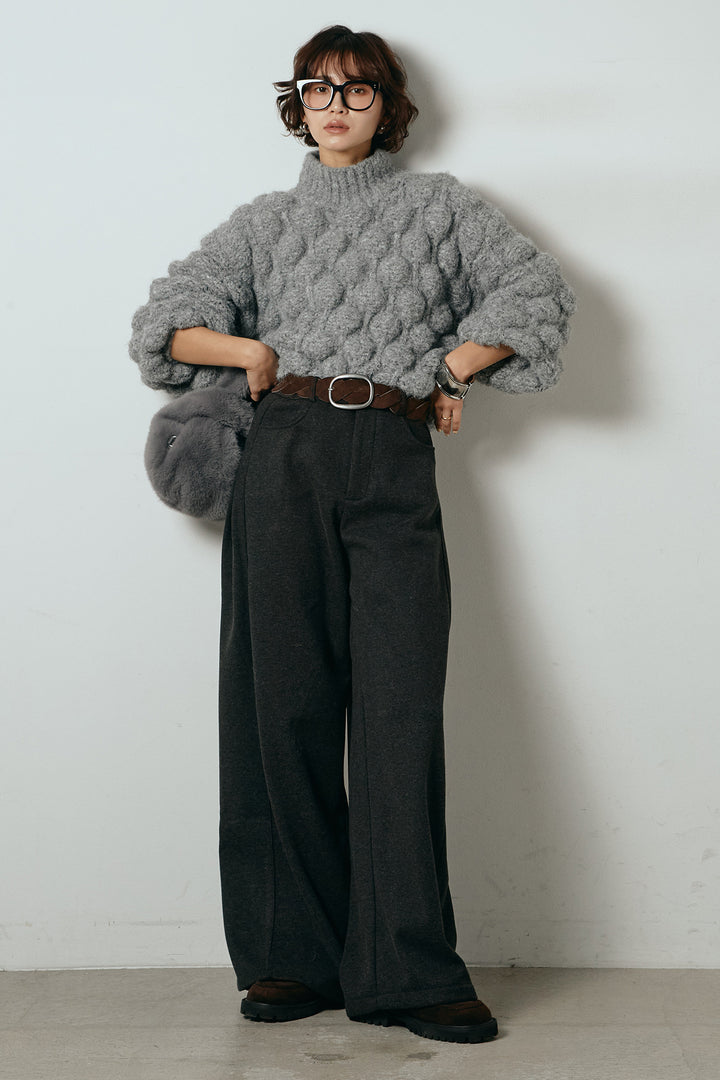 [SET]ボリュームポップコーンニットトップス+編みベルト付きワイドパンツ(2set)