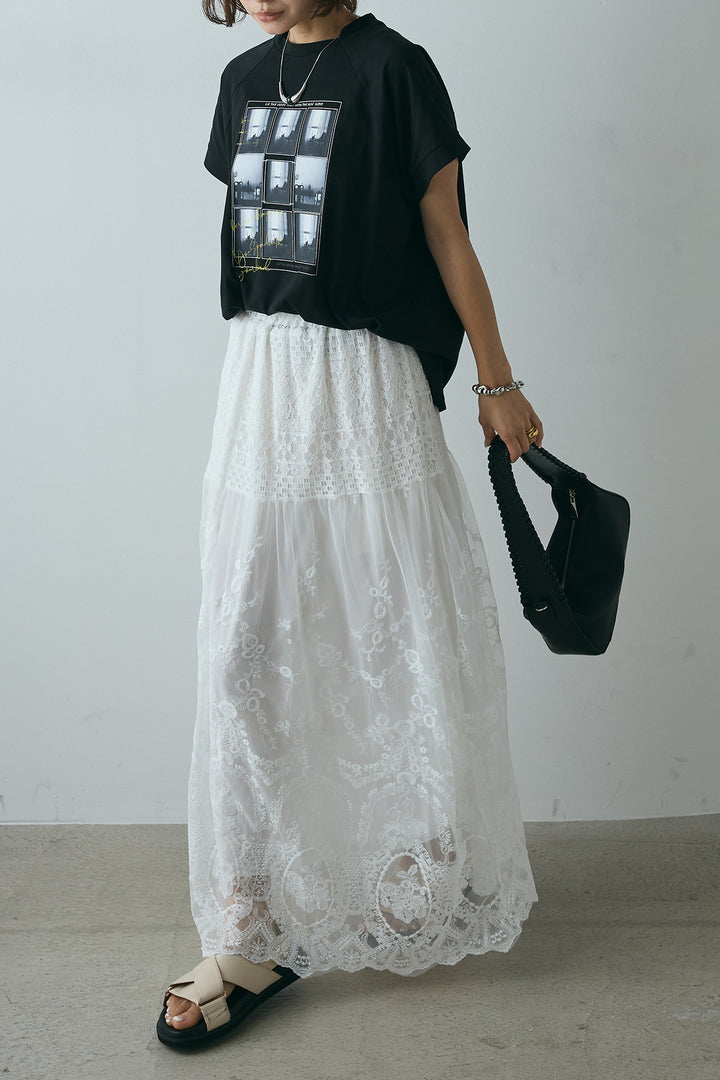 [SET]フォトプリントラグランTシャツ+ミックスレース刺繍スカート(2set)