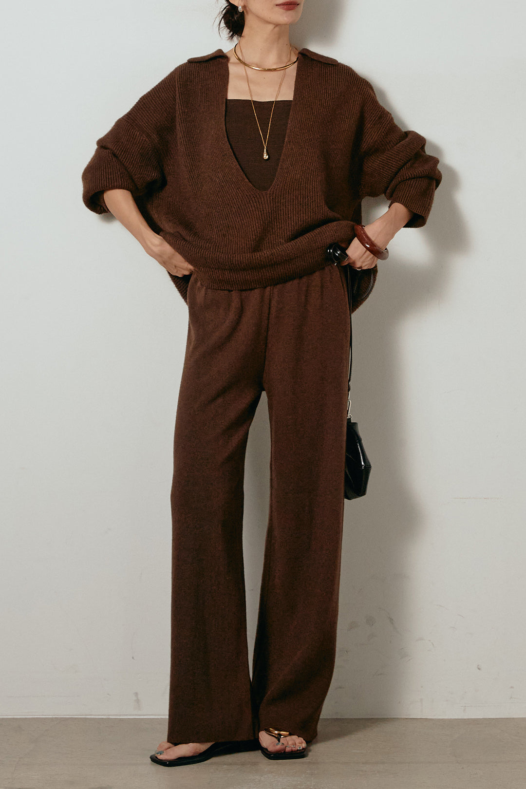 [SET]太ベルト付き深VネックニットSETUP