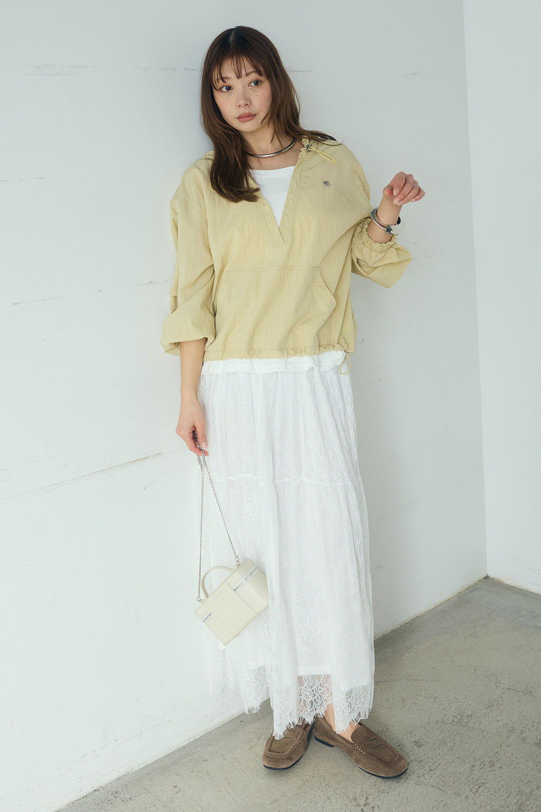 [SET]レイヤードデザインフーディートップス+ひげレース切替ロング丈スカート(2set)