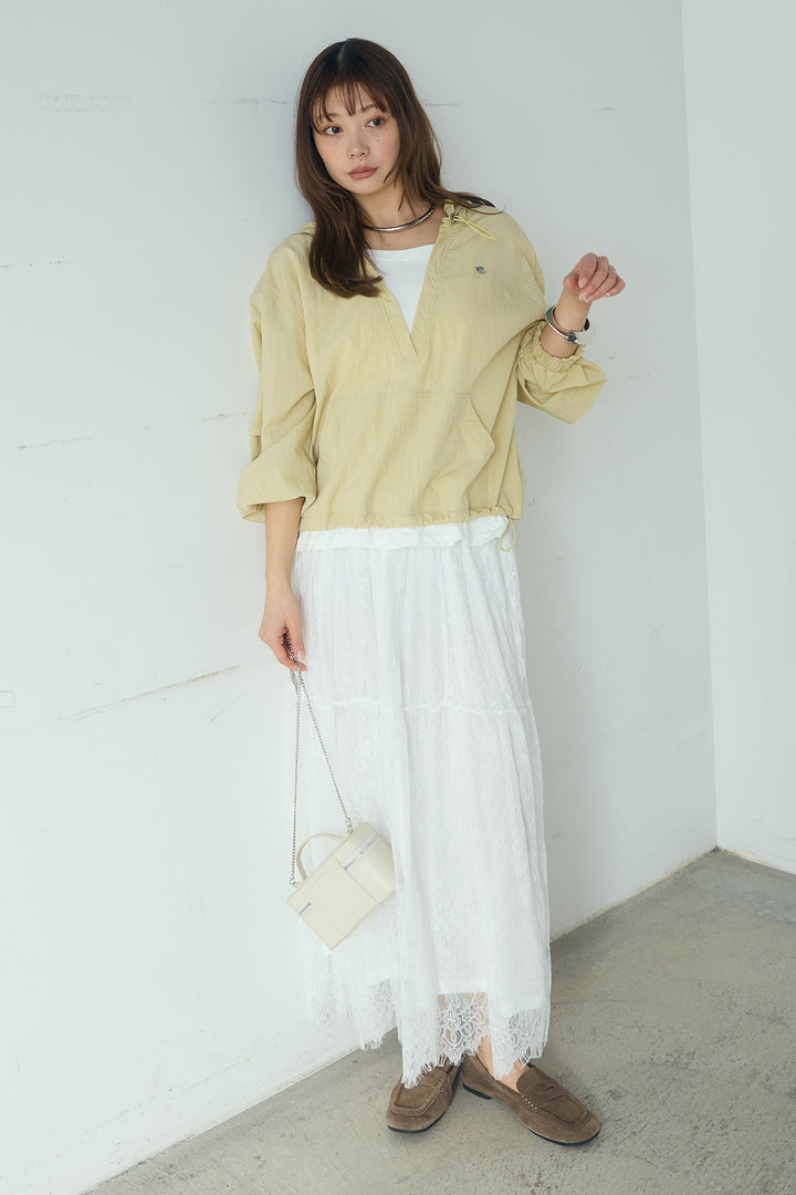 [SET]レイヤードデザインフーディートップス+ひげレース切替ロング丈スカート(2set)