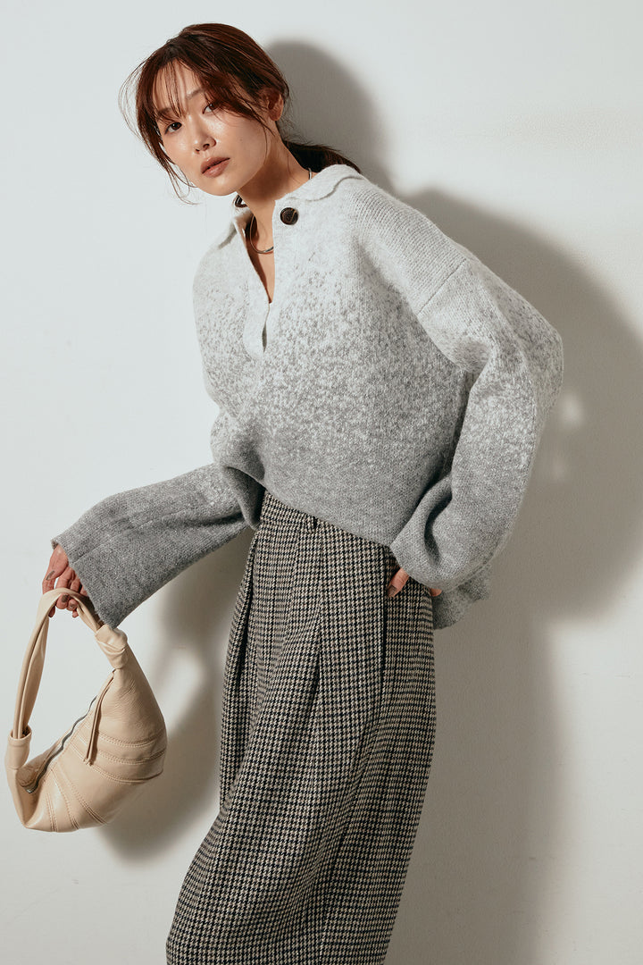 [SET]グラデーションラメニットキーネックプルオーバー+ガンクラブチェックタックパンツ(2set)
