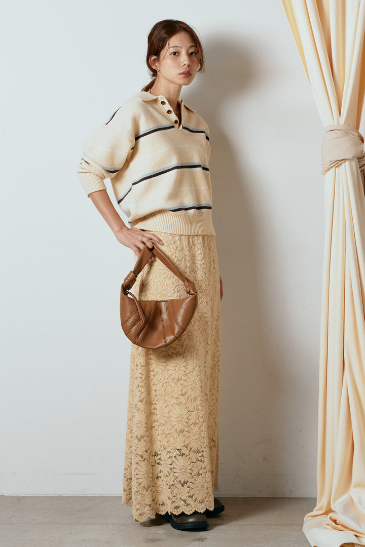 [SET]襟付きマルチボーダーニットポロトップス+花柄刺繍ベロアフレアスカート(2set)