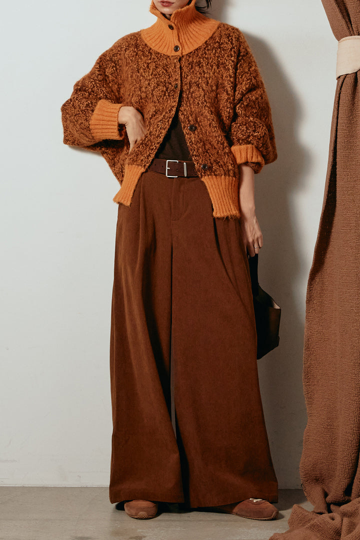 [SET]ハイネックミックスニットトップス+太ベルト付きコーデュロイタックパンツ(2set)