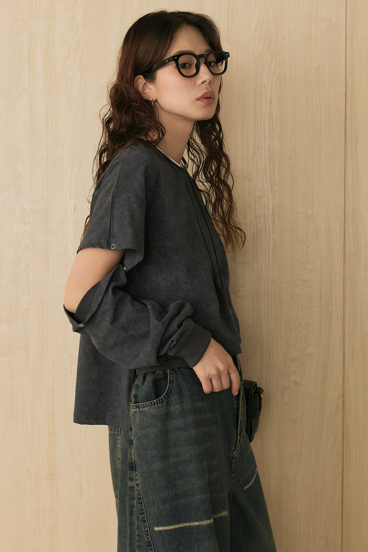 [SET]セパレートフェードTシャツ+ランダムダメージデニムワイドパンツ(2set)