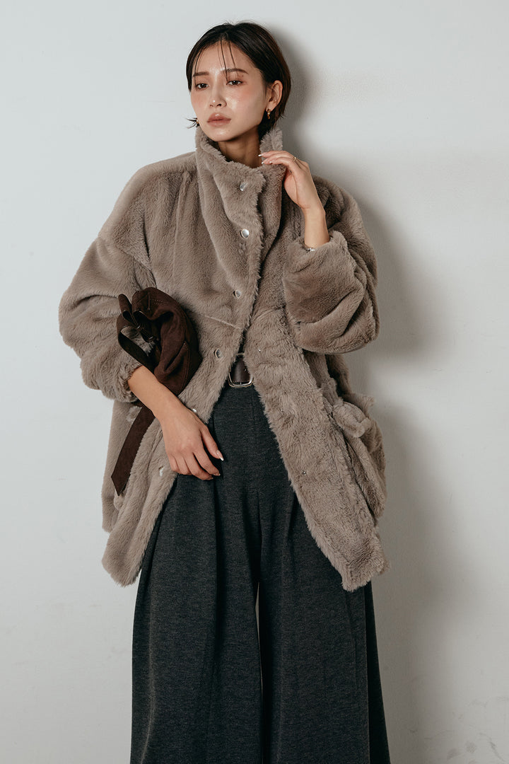 [SET]スタンドネックファーコート+フェイクレザー太ベルト付きタックワイドパンツ(2set)