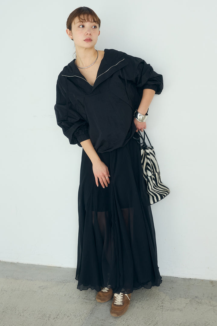 [SET]ナイロンフーディーブルゾンアウター+シアーフリルキャミワンピース(2set)