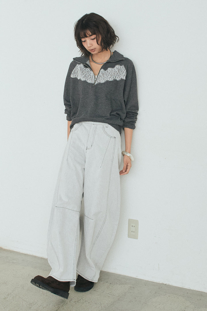 [SET]リバーレースハーフジップ裏毛スウェット+ツイル配色ステッチバレルパンツ(2set)