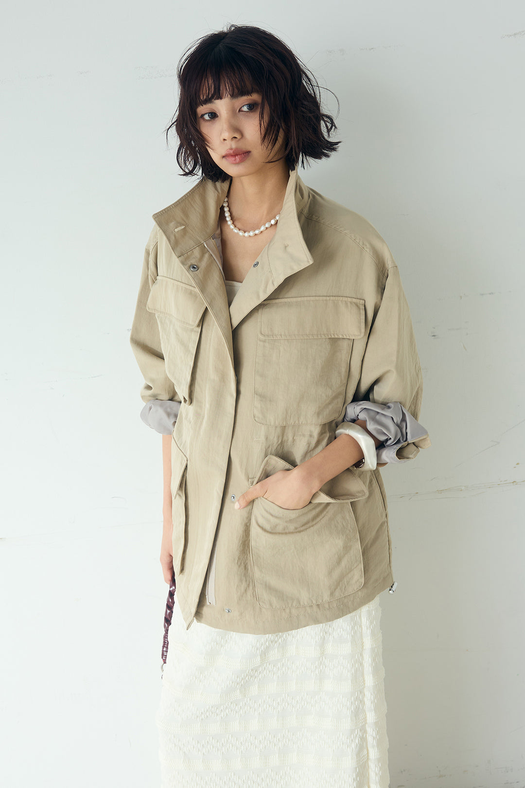 [SET]ナイロンツイルフィールドジャケット+ジャガードカットソータイトスカート(2set)