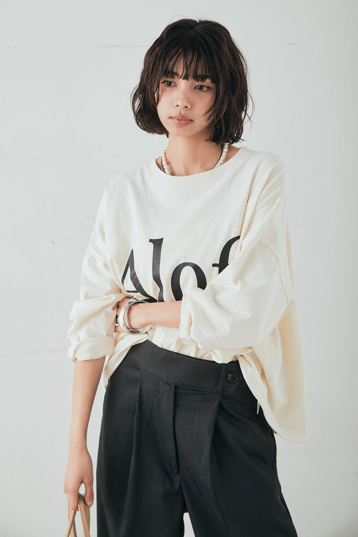 [SET]裾センタードロストロゴプリントワイドTシャツ+センタープレスセミワイドパンツ(2set)