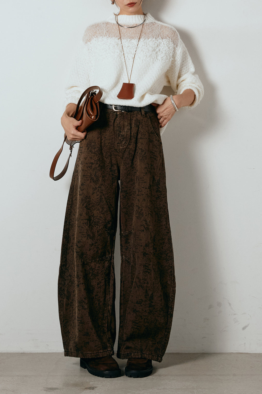 [SET]パターンランダム編みニットトップス+ベルト付きニュアンス柄カーブワイドパンツ(2set)