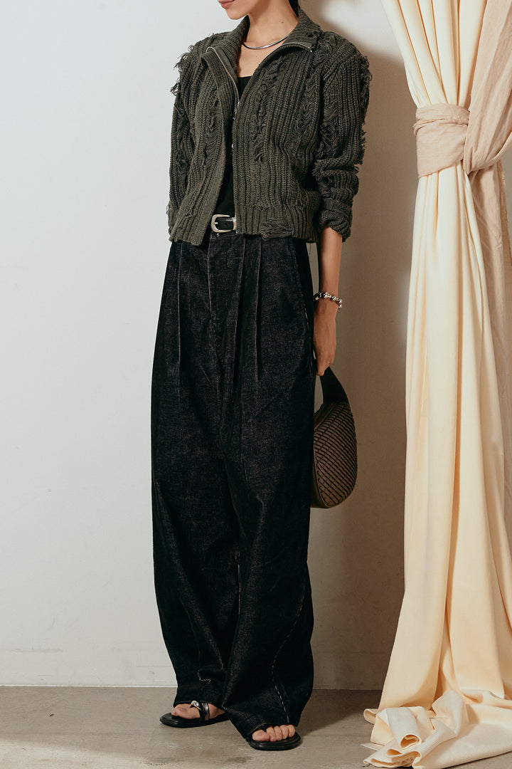 [SET]ハイネックフリンジジップニットトップス+フロントタック入りコーデュロイパンツ(2set)