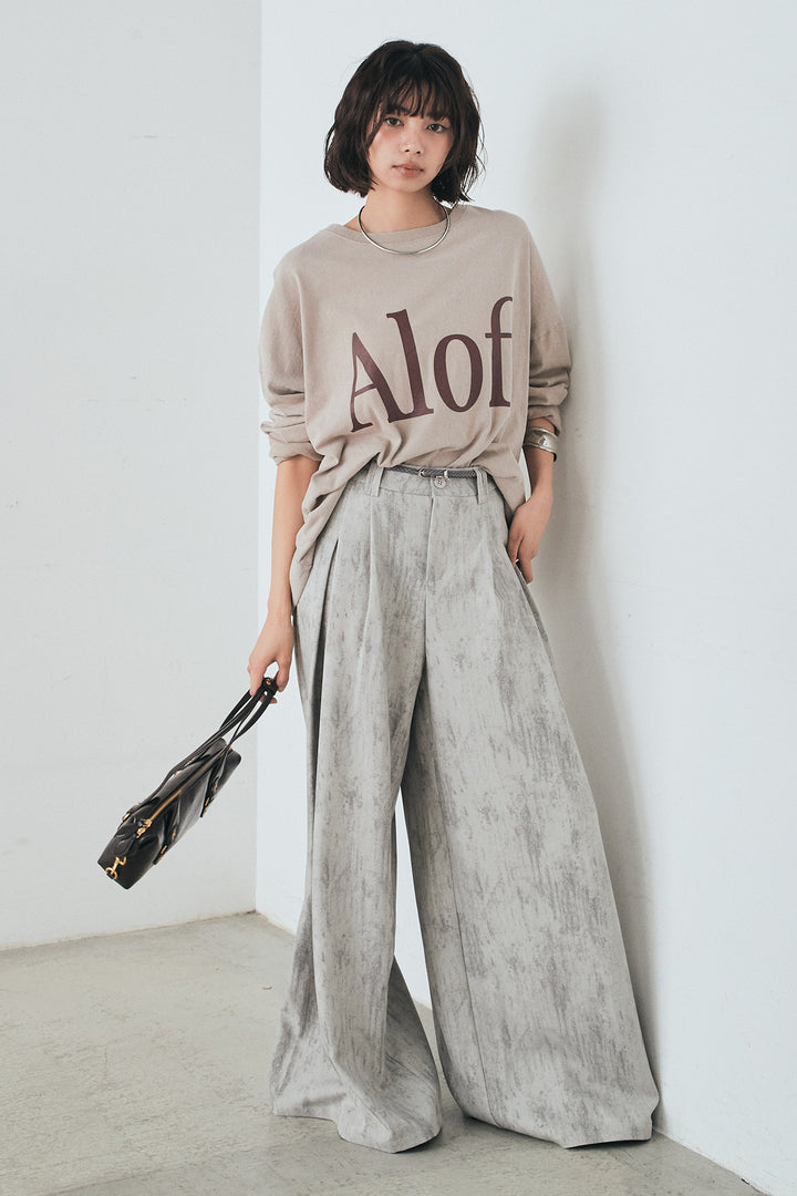 [SET]裾センタードロストロゴプリントワイドTシャツ+紐ベルト付きかすれ柄ワイドスラックス(2set)