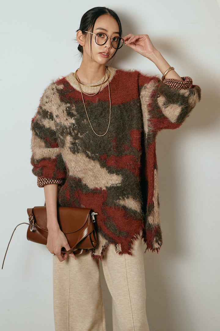 [SET]起毛裾デザインニュアンス柄ニットトップス+センターラインニットパンツ(2set)