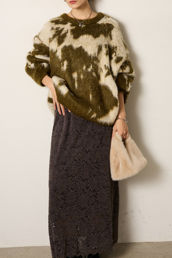 [SET]モヘアタッチマーブルニット+花柄刺繍ベロアフレアスカート(2set)