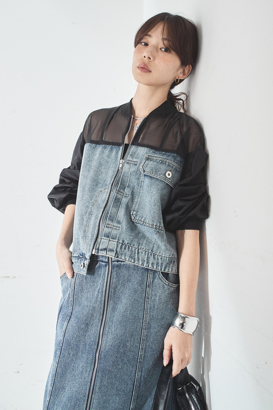 [SET]デニムコンビネーションブルゾン+フロントジップデニムスカート(2set)