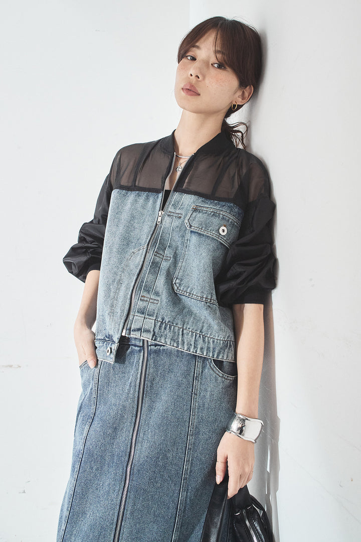 [SET]デニムコンビネーションブルゾン+フロントジップデニムスカート(2set)
