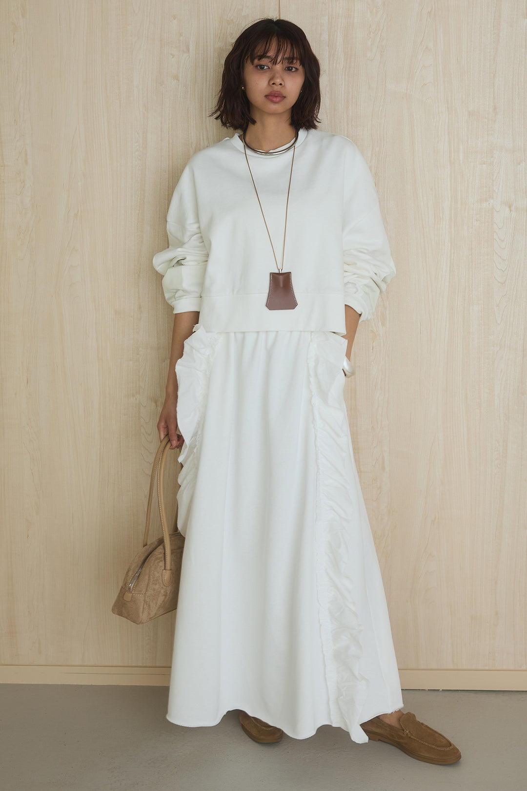 [SET]アームパッチスウェットプルオーバー+ビッグフリルスウェットロングスカート(2set)