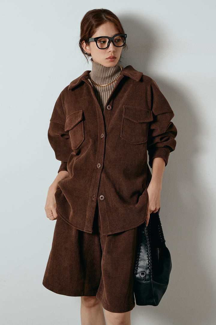 [SET]襟付きコーデュロイポケットシャツ+リラックスコーデュロイハーフパンツ(2set)