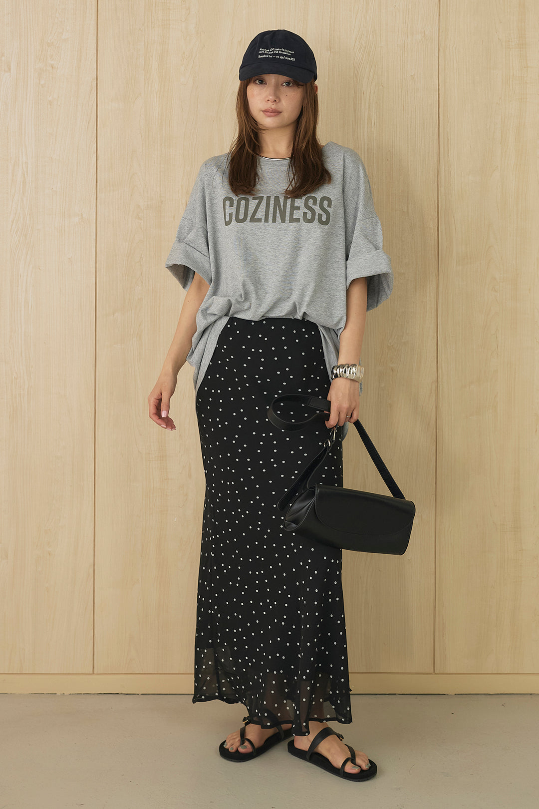 [SET]プリントロゴチュニックTシャツ+ドットサテンナロースカート(2set)