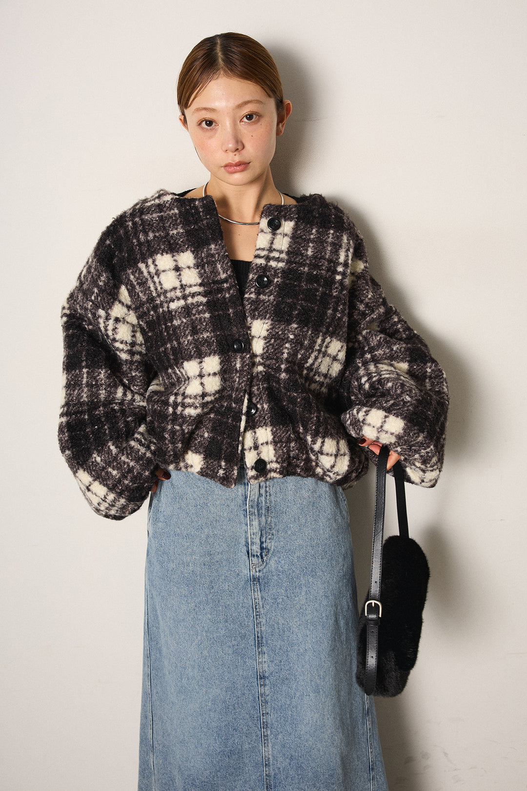 [SET]ノーカラーチェック柄ボアブルゾン+デニムロングフレアスカート(2set)