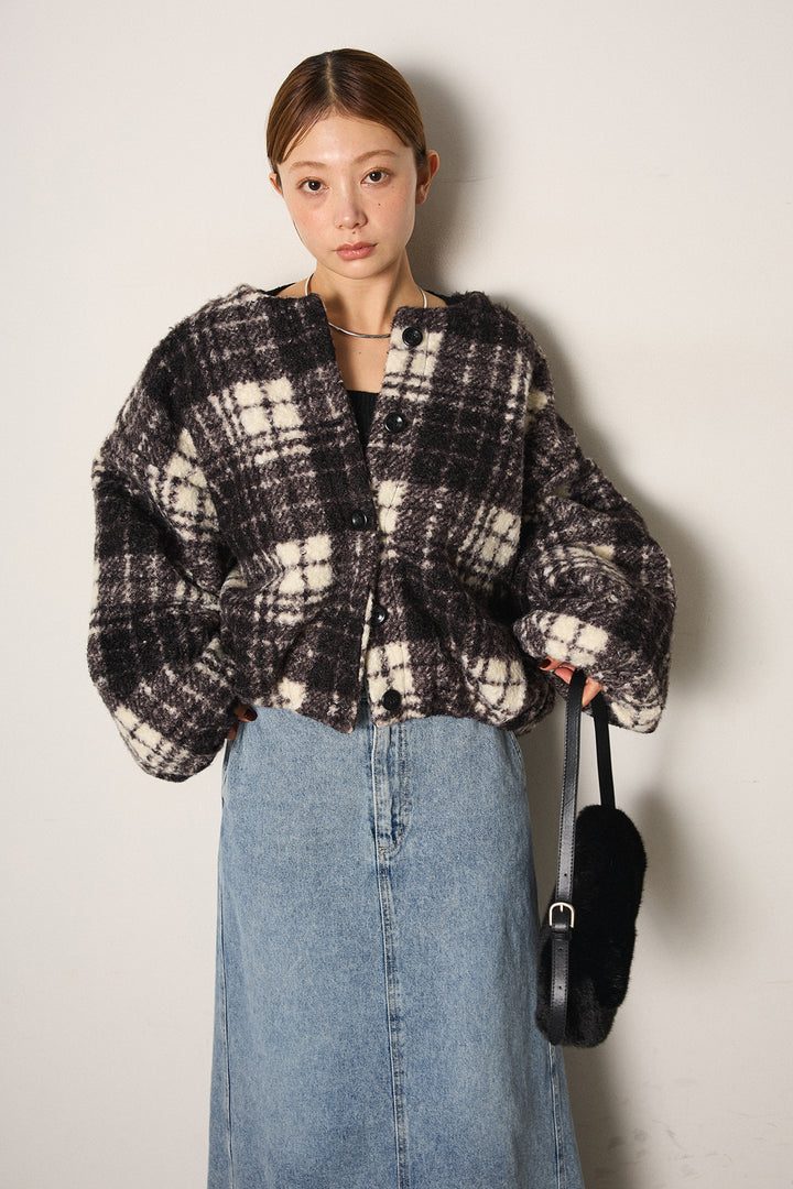 [SET]ノーカラーチェック柄ボアブルゾン+デニムロングフレアスカート(2set)