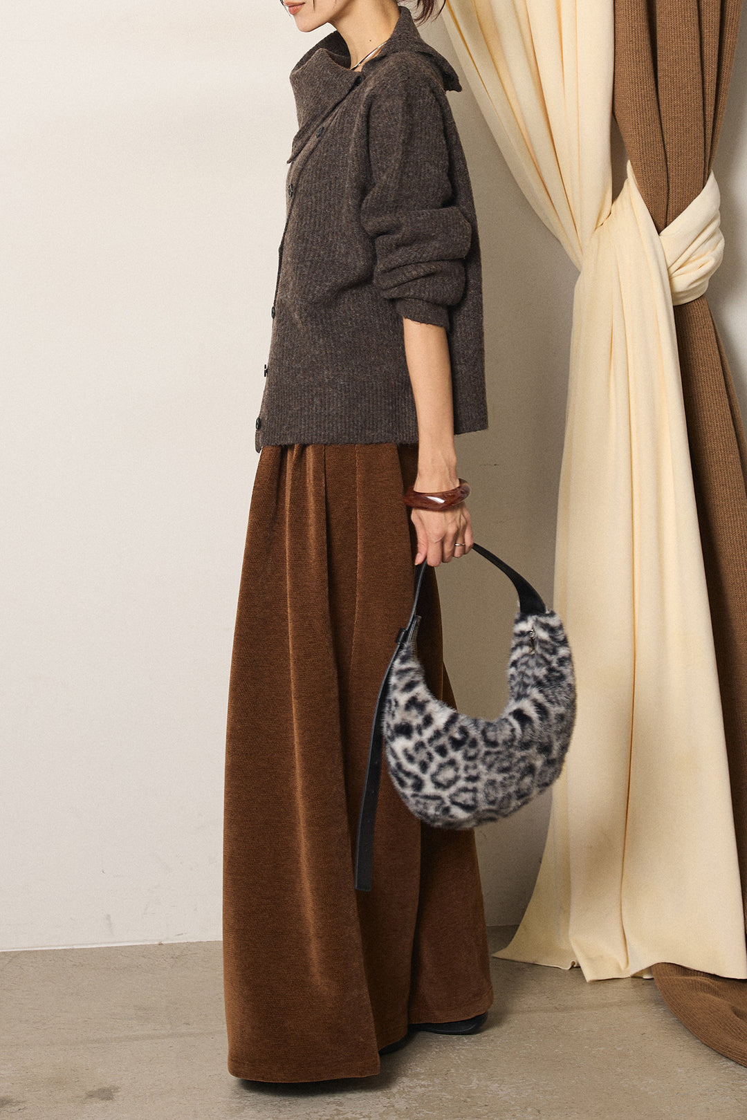 [SET]ボタンデザインネックニットプルオーバー+ベルトループコーデュロイワイドパンツ(2set)