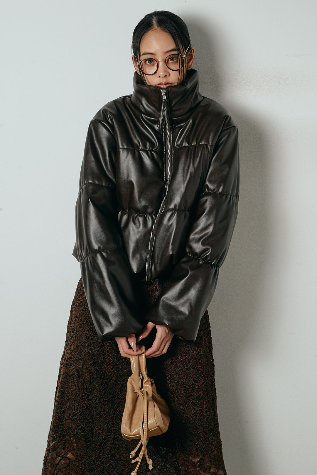 レザーライクWジップスタンドカラー中綿ブルゾン