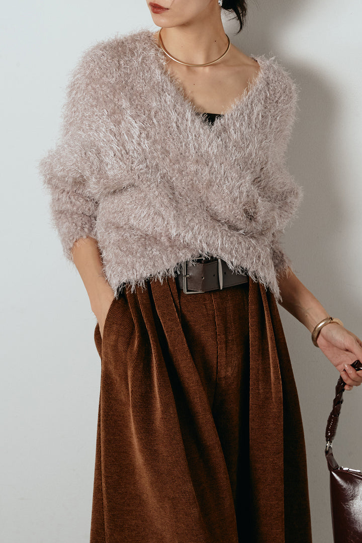 [SET]シャギークロスニットトップス+ベルトループコーデュロイワイドパンツ(2set)