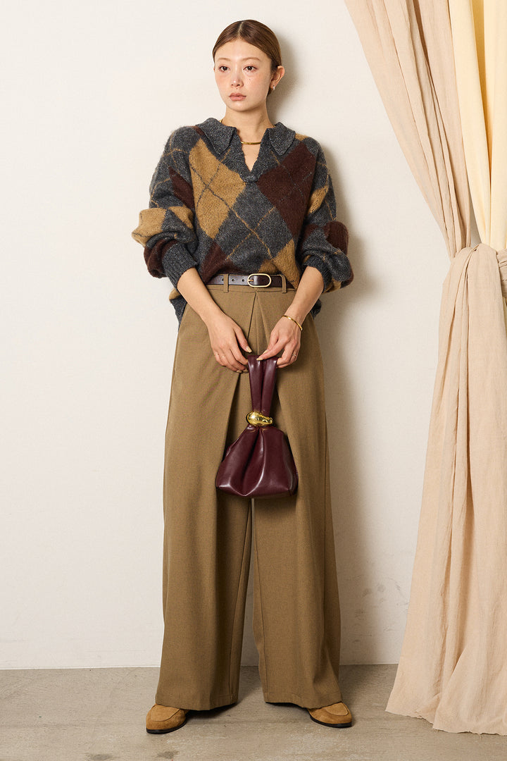 [SET]アクリルモヘアアーガイルキーネックプルオーバー+フロントワイドタックネップ入ワイドパンツ(2set)