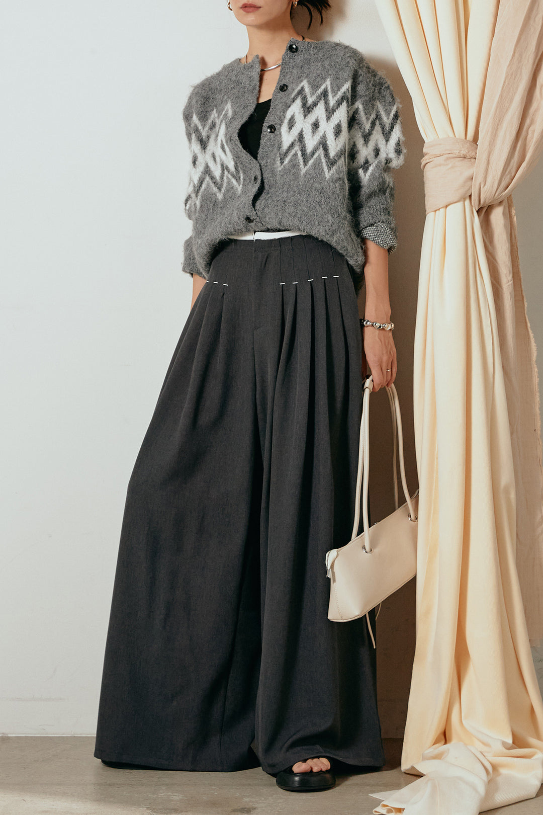 [SET]起毛ノルディック柄ニットカーディガン+ウエストステッチデザインワイドスラックス(2set)