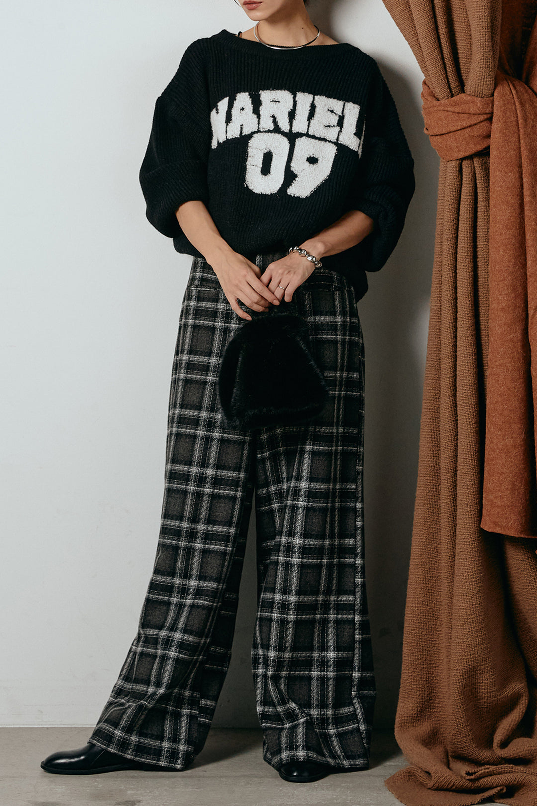 [SET]ロゴジャガードニットトップス+ルーズタータンチェックワイドパンツ(2set)