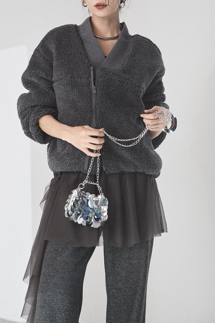 [SET]ノーカラーリブボアアウター+チュールレイヤードニットパンツ(2set)