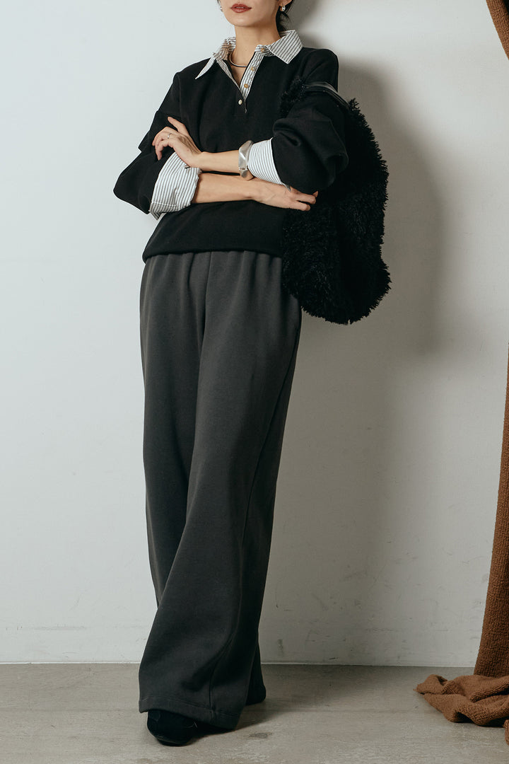 [SET]ストライプシャツドッキングポロトップス+裏起毛スウェットワイドパンツ(2set)