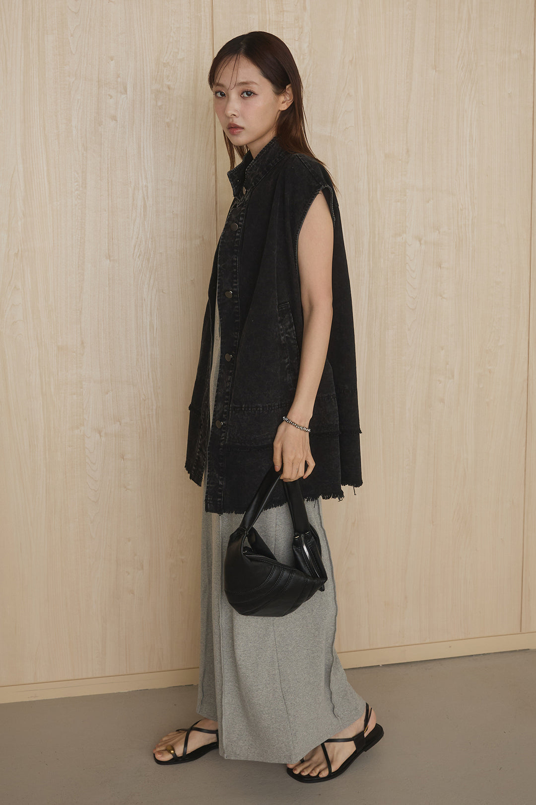 [SET]ケミカルデニムヘムカットオフジレ+ノースリロングワンピース(2set)