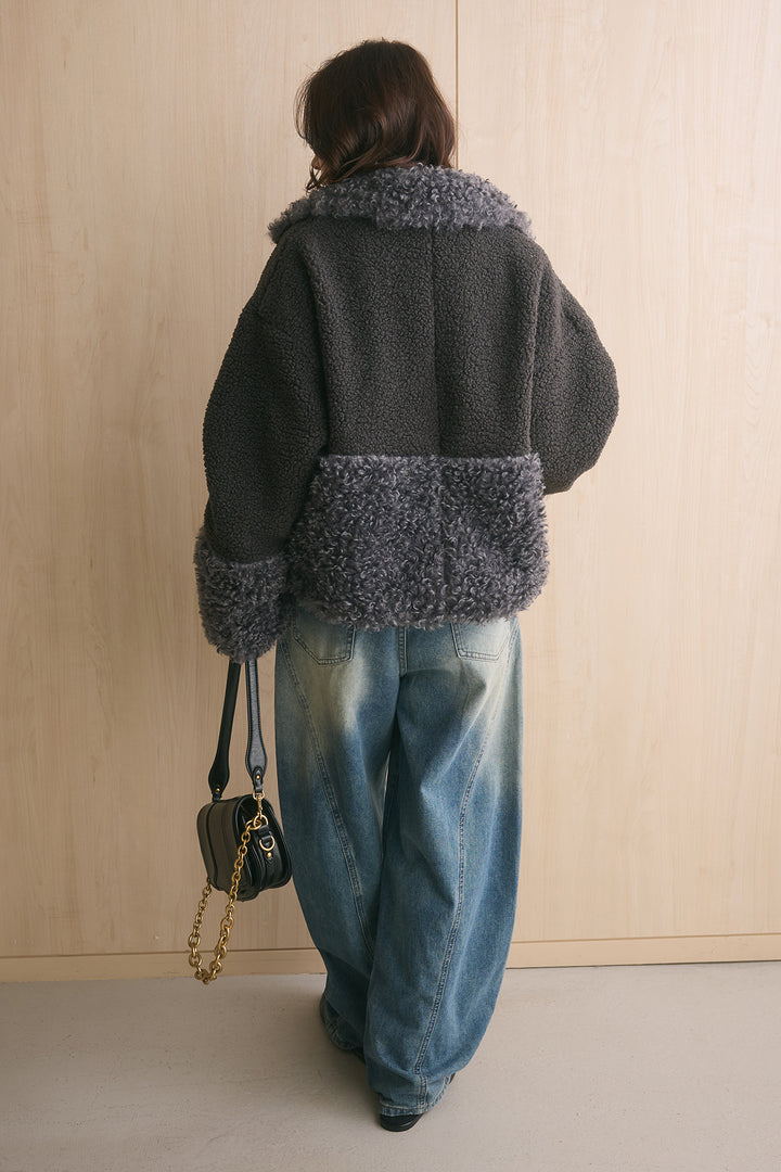 [SET]ボア×プードルファーパッチワークブルゾン+スタッズデザインカーブデニムワイドパンツ(2set)