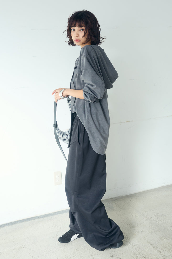 [SET]無地タイ付フーディーBIGシャツ+ランダムタックデザインワイドパンツ(2set)