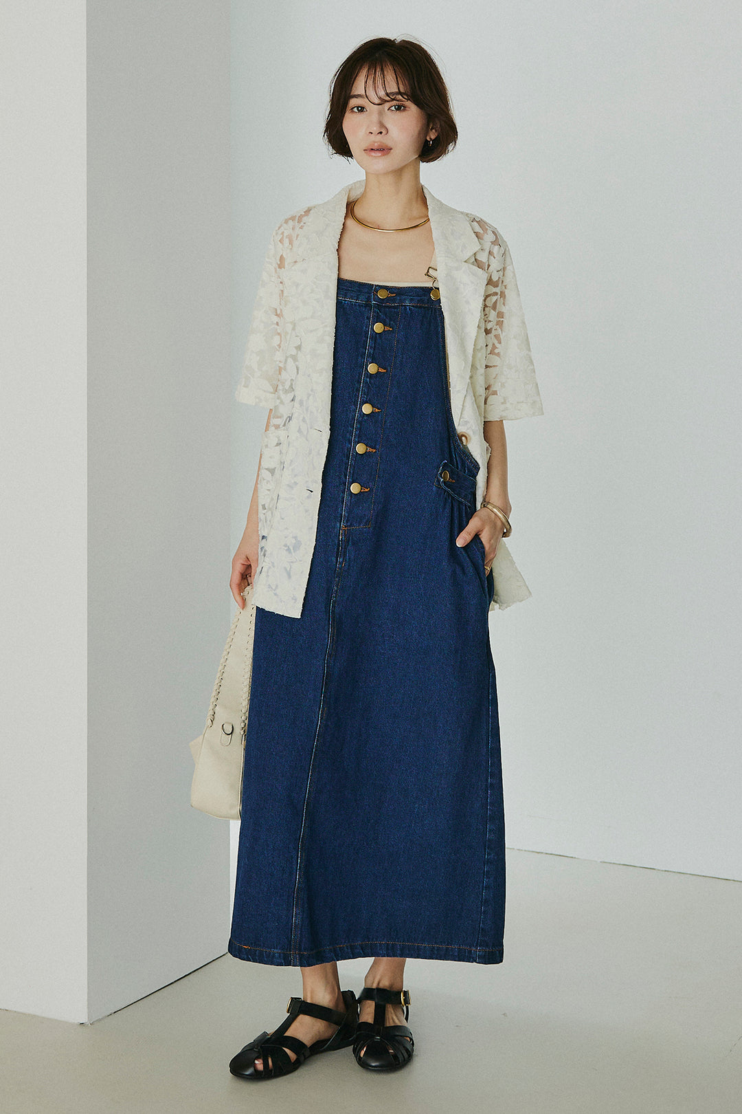 [SET]シアージャガードハーフスリーブテーラードジャケット+配色ショルダーデニムサロペットスカート(2set)