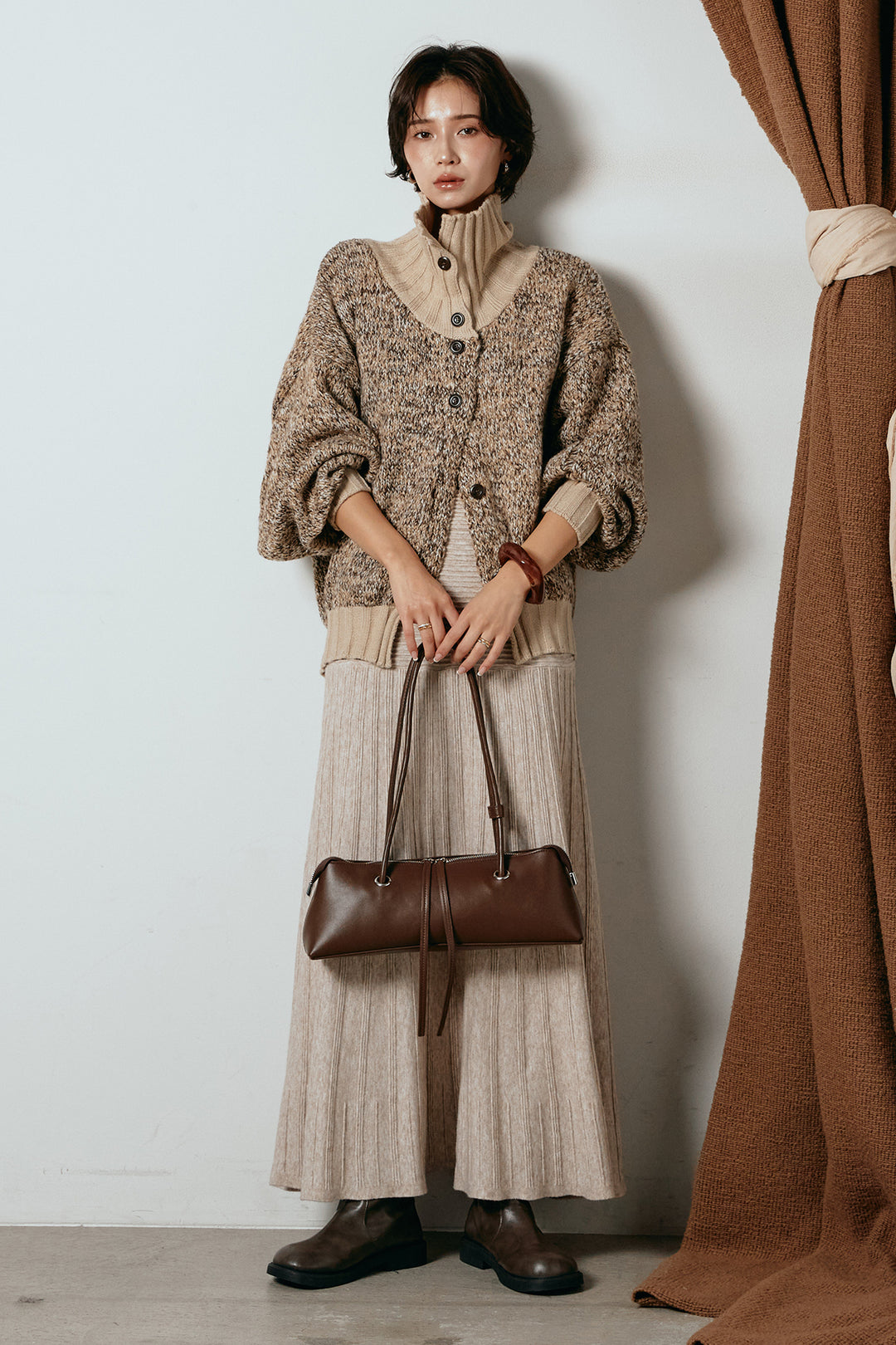 [SET]ハイネックミックスニットカーディガン+編み地切り替えフレアニットスカート(2set)