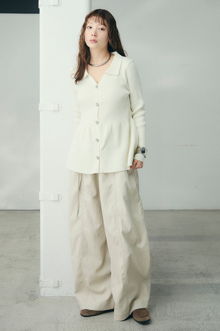 [SET]スキッパーペプラムニット+フェイクレザーカーブワイドパンツ(2set)