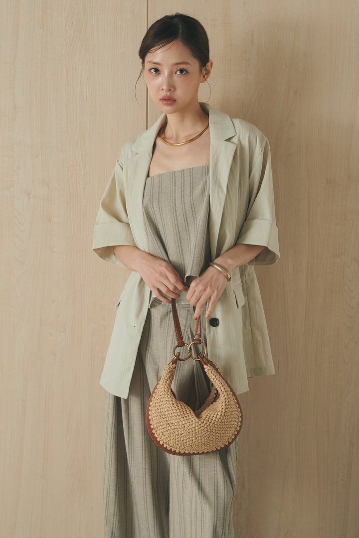 [SET]リネンライクテーラードハーフスリーブジャケット+リネンストライプタックワイドパンツ+リネンストライプレイヤードキャミ(3set)