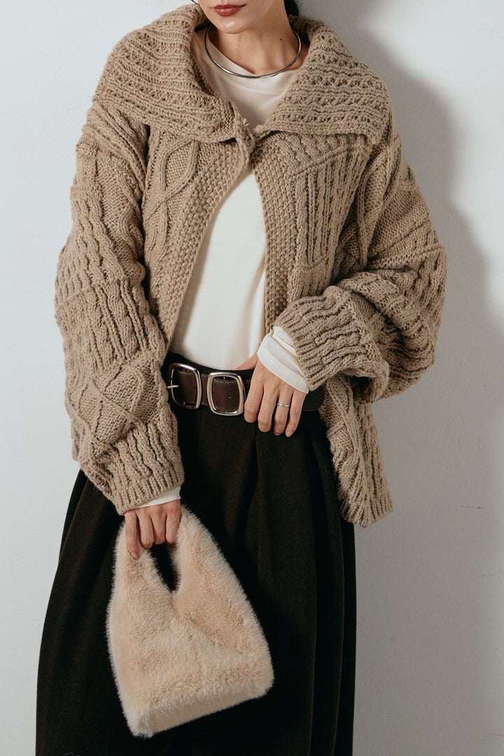 [SET]ビッグカラーケーブル編みニットトップス+2WAY袖コード刺繍クルーネックプルオーバー(2set)