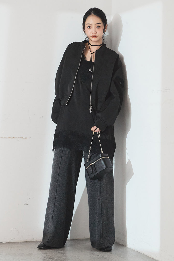 [SET]袖ギャザーデザインブルゾン+レース切り替えキャミソール(2set)