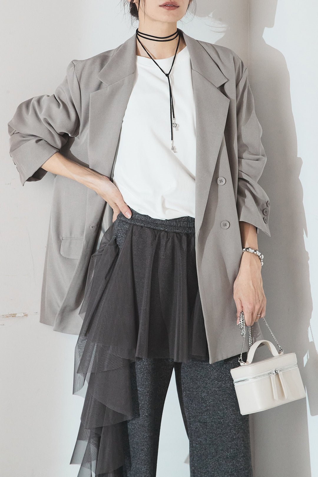 [SET]ルーズシルエットダブルテーラードジャケット+ストレッチロングTシャツ(2set)