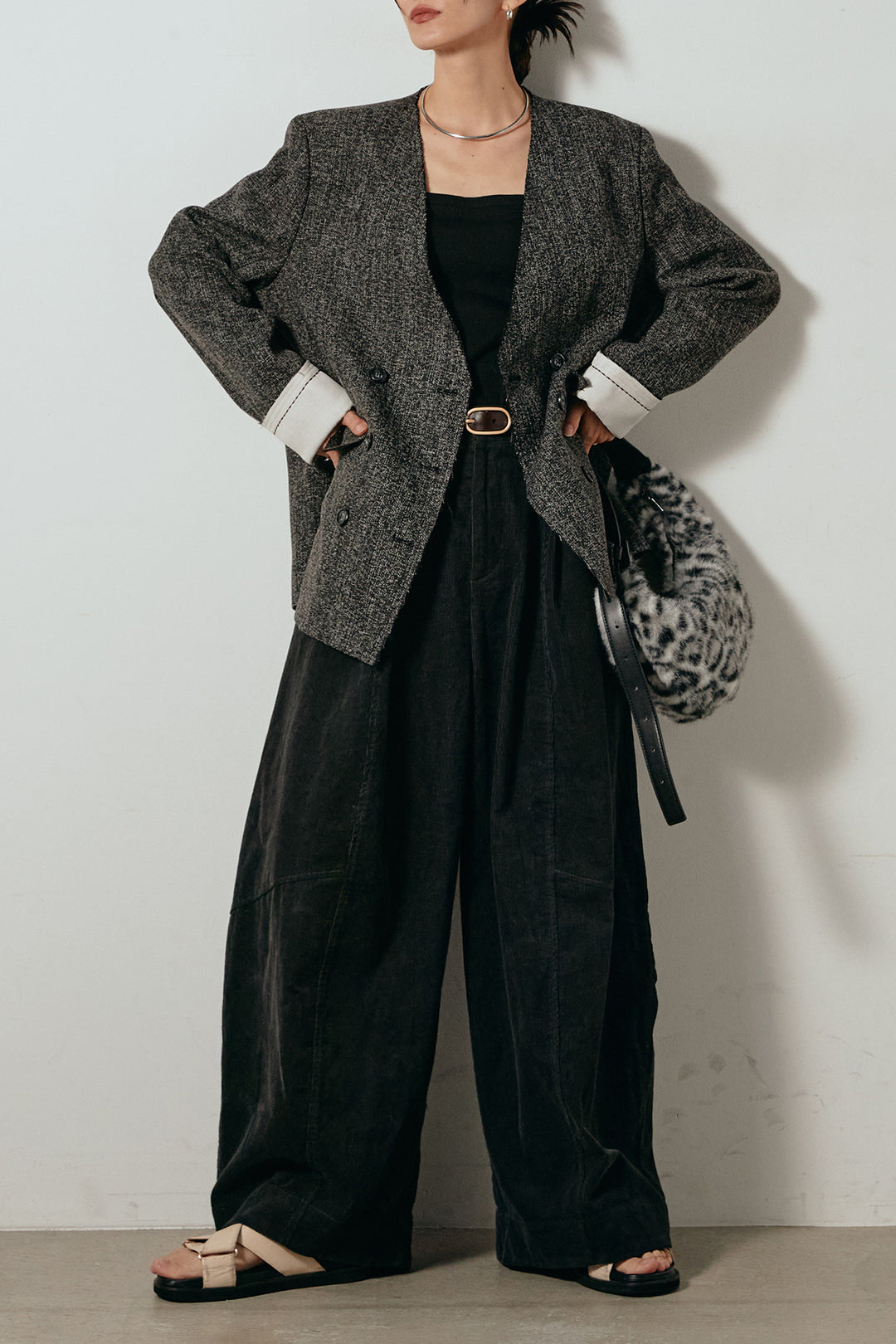 [SET]ノーカラーダブルボタンツイードジャケット+タック入りコーデュロイワイドパンツ(2set)