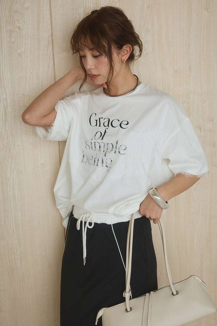 [SET]レースロゴプリントTシャツ+ミニ裏毛ストレートスカート(2set)