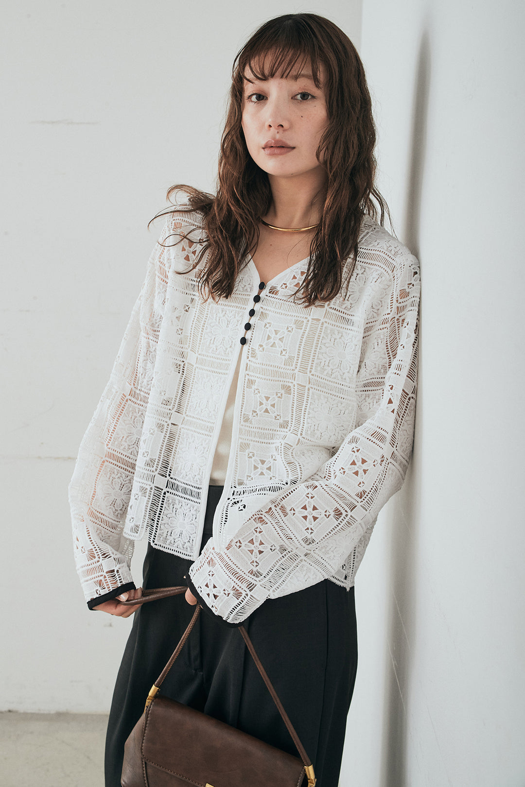 [SET]クロシェレースカーディガン+センタープレスセミワイドパンツ(2set)